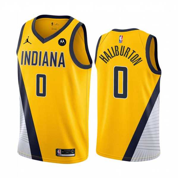 Men%27s Indiana Pacers #0 Tyrese Haliburton Yellow Statement Edition Stitched Jersey Dzhi->indiana pacers->NBA Jersey
